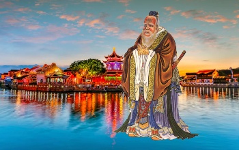 Pintura de Confucio caminando sobre las aguas y al fondo el paisaje de un pueblo chino