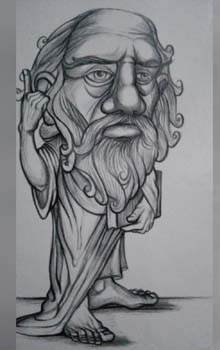 Caricatura a lápiz de cuerpo entero de Platón señalando el cielo