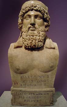 Busto en marmol de Platón en fondo morado