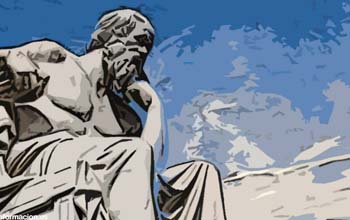 Estatua de Platón sentado con fondfo azul y blanco