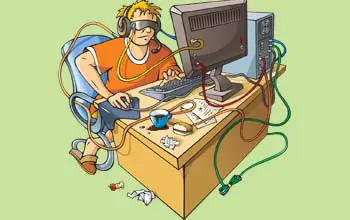 Dibujo de hombre sentado jugando videojuegos con auriculares y lentes en la computadora sobre un escritorio en fondo verde