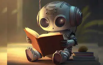 Mini robot de color plateado sentado en el suelo leyendo un libro en un fondo borroso con iluminación