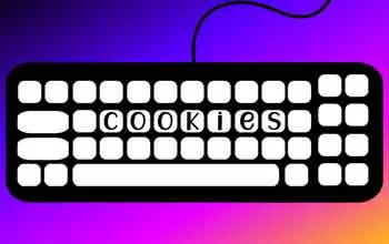 Fondo de colores con teclado de computadora con base negra y la palabra cookies 