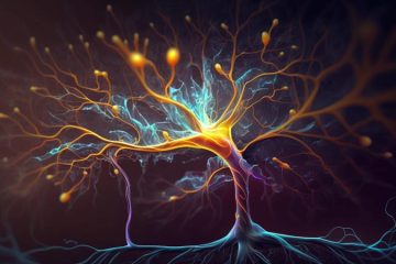 Foto microscópica de neuronas de color morado y azul resaltando la sinapsis en amarillo brillante en un fondo negro