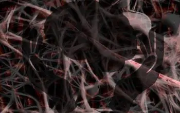 Cerebro y manos en color negro traslucido en un fondo microscópico de neuronas y células