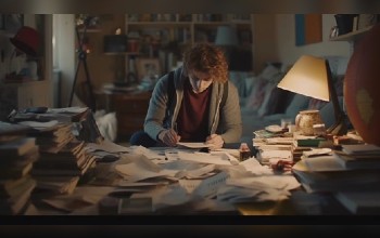 persona inclinada, escribiendo en una mesa llena de papeles y libros