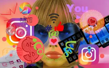 Rostro de mujer con lentes azules y diferentes logos y elementos de redes sociales frente a ella en fondo colorido