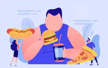 Dibujo de hombre con sobrepeso tomando una hamburguesa y bebida gaseosa a su alrededor dos personas ofreciéndole mas comida