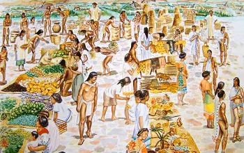 Pintura de un mercado maya donde se ven personas comerciando comidas y pieles