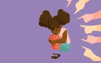 Dibujo de una niña afroamericana llorando siendo señalada