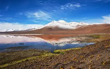 Paisaje en día soleado de altiplano con montaña y lago en colores marrón, blanco, verde 