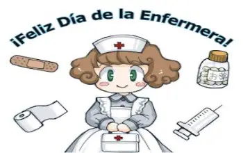 Dibujo enfermera con uniforme, gorro y diferentes elementos de enfermería en un fondo de color blanco