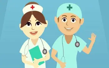Dibujo de dos enfermeros vestidos de blanco y verde con estetoscopios y gorros sonriendo en un fondo azul