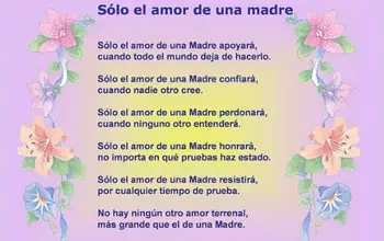Poema del día de la madre con flores rosadas y azules de los lados en fondo amarillo con morado