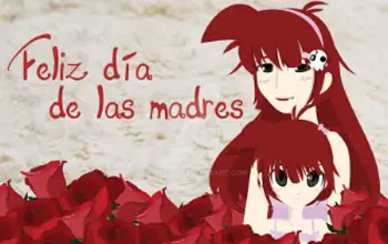 Dibujo de mujer y niña con cabello rojo abrazadas con dedicatoria en fondo gris con rosas