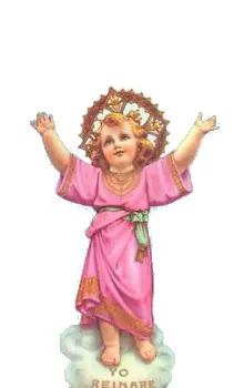 imagen del divino niño Jesús, de pie con la manos levantadas, vestido de rosa y con una corona puesta