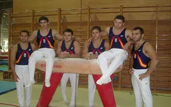 grupo de gimnasia artística masculina posando para una foto en el potro