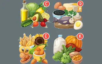 Alimentos que contienen diferentes vitaminas y minerales divididos en cuatro grupos en un fondo color gris