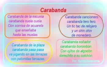 Jitanjáfora corta llamada carabanda con letras de colores sobre un fondo de colores rosado, azul, amarillo