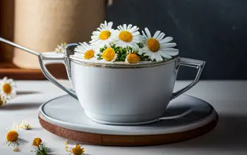 Taza blanca llena de flores de manzanilla fresca sobre un plato blanco con marrón sobre una base blanca con flores a su alrededor