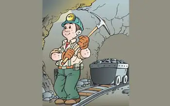 Dibujo de hombre con carro y herramientas para la explotación minera dentro de una cueva en fondo color gris