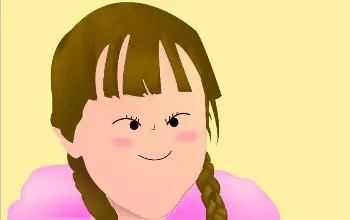 Dibujo de niña con síndrome de down sonriendo de cabello marron camisa rosada en un fonodo amarillo