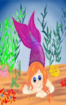 Dibujo de niña sirena apoya en el fondo del mar de cola morada con fucsia a su lado algas y corales de colores en el mar