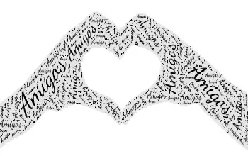 caligrama en forma de unas manos haciendo un corazón hecho con la palabra amigos