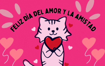 gato sosteniendo un corazón y la frase feliz día del amor y la amistad con globos de corazones