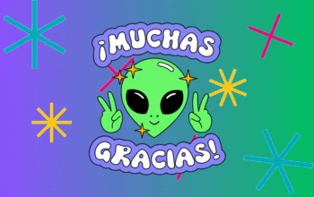 gif de tonos azules y verdes donde aparece un dibujo de un extraterrestres y la frase ¡Muchas gracias!