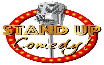 Micrófono color plateado sobre un circulo rojo con puntos amarillos y la palabra stand up comedy sobre un fondo blanco