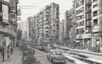 Dibujo de una ciudad compuesta de varios edificios en blanco y negro