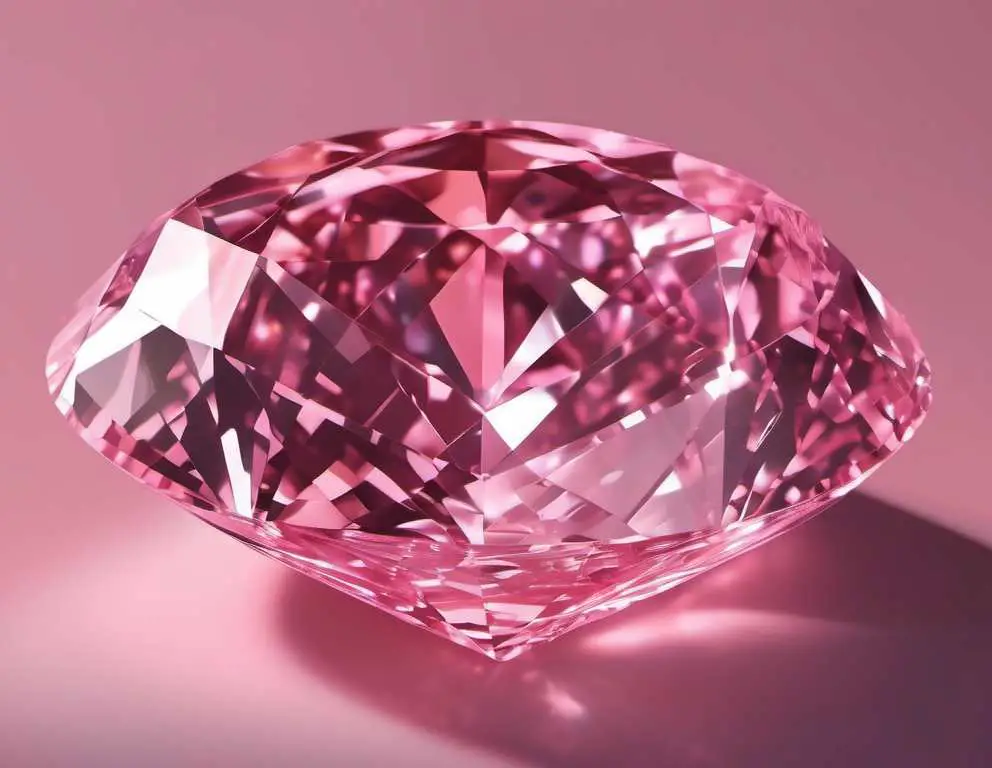 Foto de diamante rosado, iluminado por luz solar sobre un fondo rosado