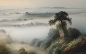 Imagen de un paisaje montañoso cubierto de neblina