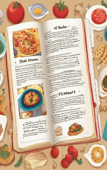 Dibujo de un libro de recetas de comida con algunos ingredientes al rededor