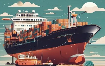 Imagen de buque de color negro y marrón transportando una carga de contenedores sobre un fondo azul con nubes blancas