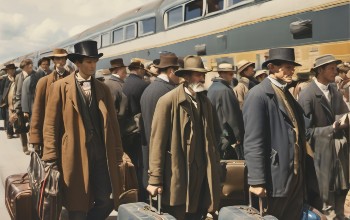 Imagen de un grupo de personas vestidas con abrigos y sombreros de diferentes colores y maletas en sus manos a la luz del día listas para tomar un tren