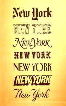 Imagen con la palabra Newyork escrita con diferentes tipos de fuentes de texto en color marrón sobre un fondo de color amarillo con naranja