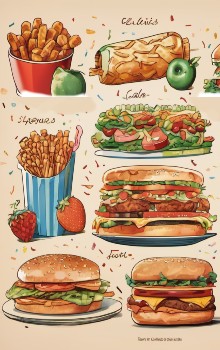 Imagen donde están dibujados diferentes alimento altos en calorías como hamburguesas, papas fritas, burritos, etc.