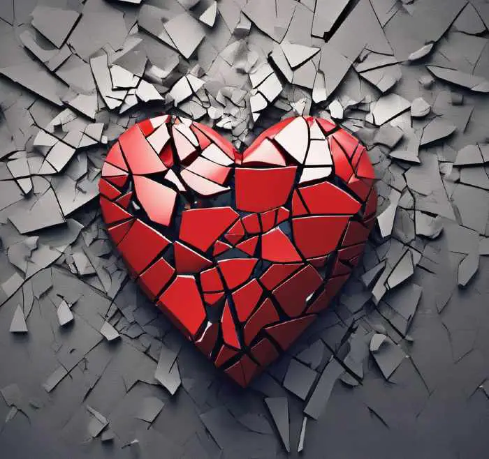 Corazón rojo roto en pedazos sobre un fondo gris roto