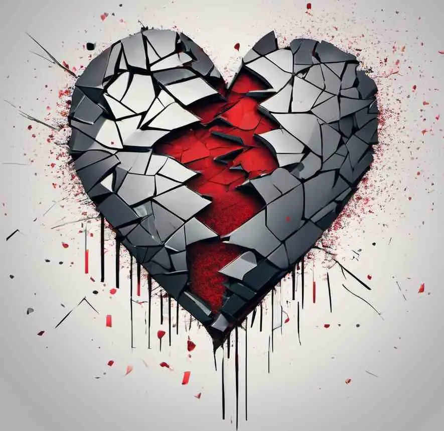 Corazón roto en pedazos de color rojo y plateado sobre un fondo de color gris