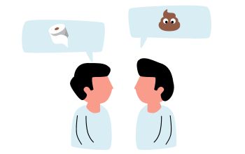 Dibujo donde se ve a dos hombres con nubes de dialogo donde aparece un rollo de papel higiénico y un emoji de caca