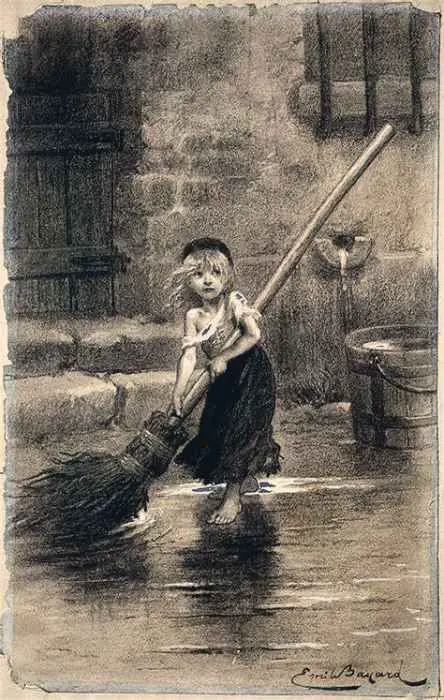 Una niña barriendo la calle, en blanco y negro