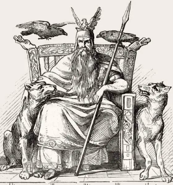 Dibujo de Odín sentado en su trono, con una lanza y dos lobos a su lado, además unos cuervos apoyados en su trono