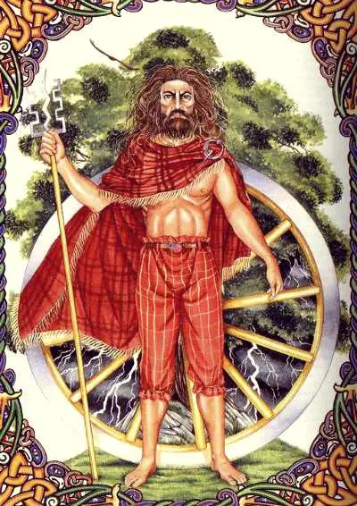 Dibujo del dios celta con una bastón en la mano, vestido de rojo, con un arbol y truenos de fondo