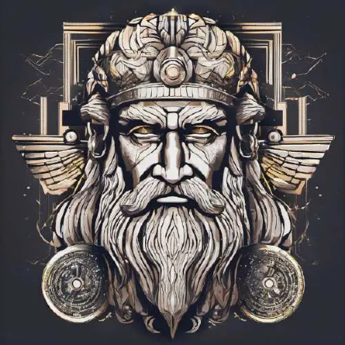 Ilustración de la cara de Zeus, en blanco y negro con tonos dorados
