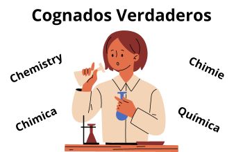 Dibujo de una persona parada frente a una mesa de madera con materiales de laboratorio y a su alrededor la palabra química escrita en varios idiomas sobre un fondo blanco