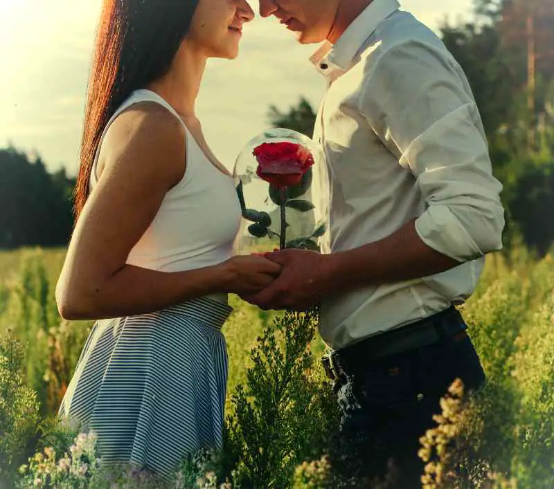 Hombre parado frente a una mujer en el medio del campo al atardecer ambos sosteniendo una rosa roja dentro de un cristal